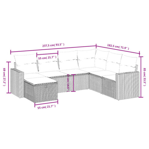 7-Piece Garden Sofa Set with Cushions Grey Poly Rattan Wicker Outdoor Patio Furniture - Image 4