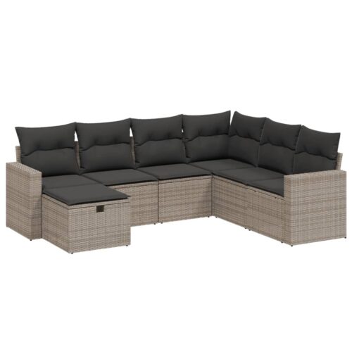 7-Piece Garden Sofa Set with Cushions Grey Poly Rattan Wicker Outdoor Patio Furniture - Image 6
