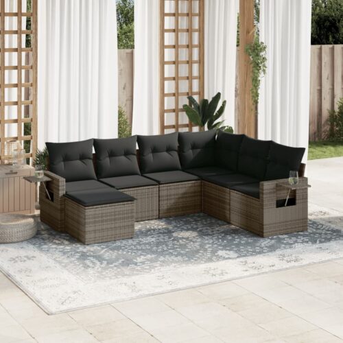 7-Piece Garden Sofa Set with Cushions Grey Poly Rattan Wicker Outdoor Patio Furniture - Image 2