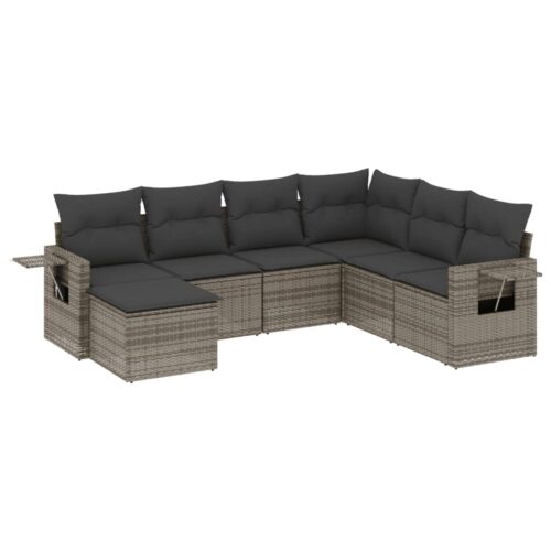 7-Piece Garden Sofa Set with Cushions Grey Poly Rattan Wicker Outdoor Patio Furniture - Image 14