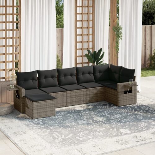 7-Piece Garden Sofa Set with Cushions Grey Poly Rattan Wicker Outdoor Patio Furniture - Image 2