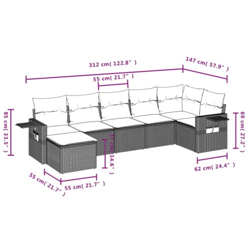 7-Piece Garden Sofa Set with Cushions Grey Poly Rattan Wicker Outdoor Patio Furniture - Image 9