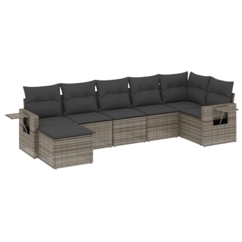 7-Piece Garden Sofa Set with Cushions Grey Poly Rattan Wicker Outdoor Patio Furniture - Image 14