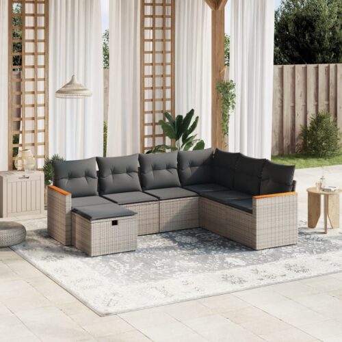 7-Piece Garden Sofa Set with Cushions Grey Poly Rattan Wicker Outdoor Patio Furniture - Image 2