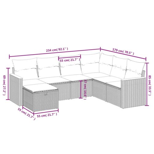 7-Piece Garden Sofa Set with Cushions Grey Poly Rattan Wicker Outdoor Patio Furniture - Image 3