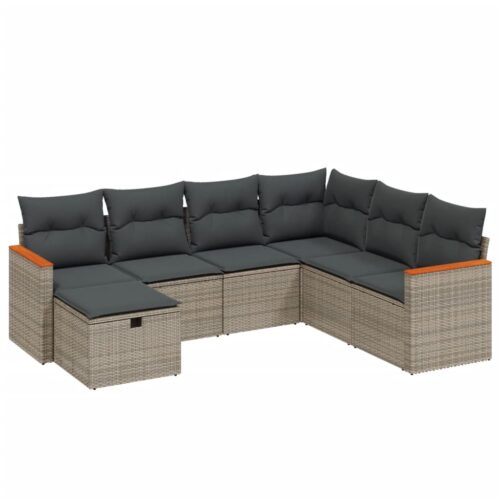 7-Piece Garden Sofa Set with Cushions Grey Poly Rattan Wicker Outdoor Patio Furniture - Image 6
