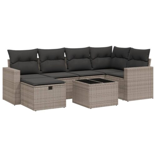 7-Piece Garden Sofa Set with Cushions Grey Poly Rattan Wicker Outdoor Patio Furniture