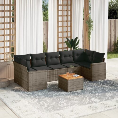 8-Piece Garden Sofa Set with Cushions Grey Poly Rattan Wicker Outdoor Patio Furniture - Image 2