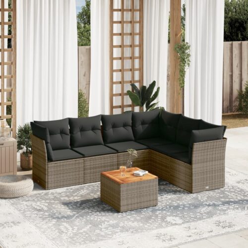 7-Piece Garden Sofa Set with Cushions Grey Poly Rattan Wicker Outdoor Patio Furniture - Image 2