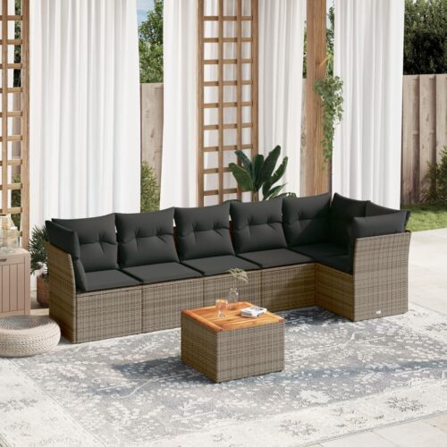 7-Piece Garden Sofa Set with Cushions Grey Poly Rattan Wicker Outdoor Patio Furniture - Image 2