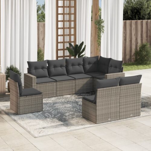 8-Piece Garden Sofa Set with Cushions Grey Poly Rattan Wicker Outdoor Patio Furniture - Image 2