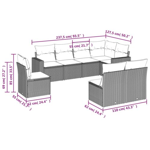 8-Piece Garden Sofa Set with Cushions Grey Poly Rattan Wicker Outdoor Patio Furniture - Image 3