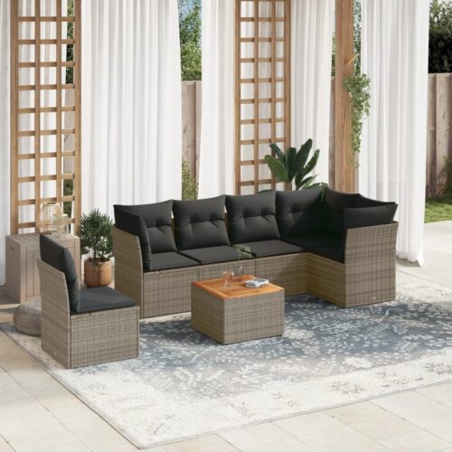 7-Piece Garden Sofa Set with Cushions Grey Poly Rattan Wicker Outdoor Patio Furniture - Image 2