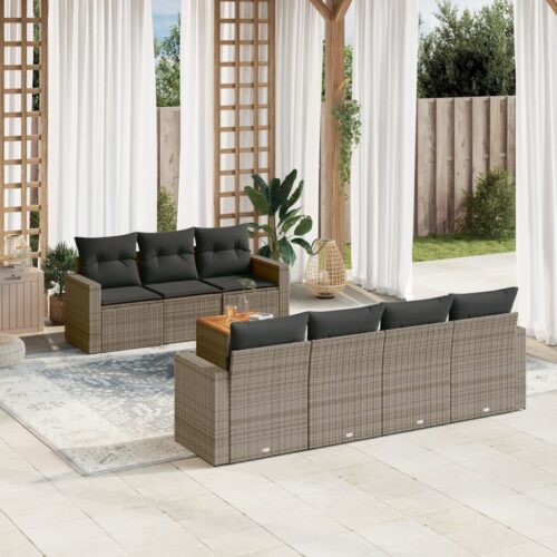 8-Piece Garden Sofa Set with Cushions Grey Poly Rattan Wicker Outdoor Patio Furniture - Image 2