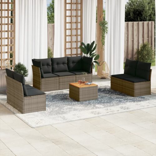 8-Piece Garden Sofa Set with Cushions Grey Poly Rattan Wicker Outdoor Patio Furniture - Image 2
