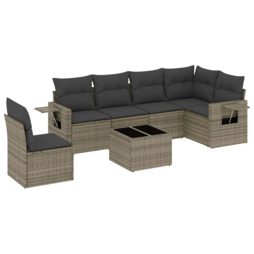 7-Piece Garden Sofa Set with Cushions Grey Poly Rattan Wicker Outdoor Patio Furniture