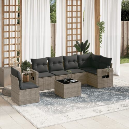 7-Piece Garden Sofa Set with Cushions Grey Poly Rattan Wicker Outdoor Patio Furniture - Image 2
