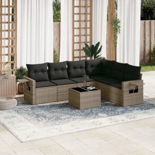 7-Piece Garden Sofa Set with Cushions Grey Poly Rattan Wicker Outdoor Patio Furniture - Image 2
