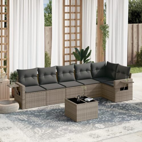 7-Piece Garden Sofa Set with Cushions Grey Poly Rattan Wicker Outdoor Patio Furniture - Image 2