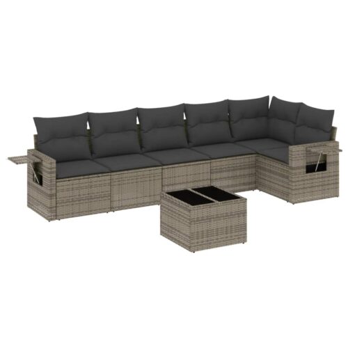 7-Piece Garden Sofa Set with Cushions Grey Poly Rattan Wicker Outdoor Patio Furniture - Image 14