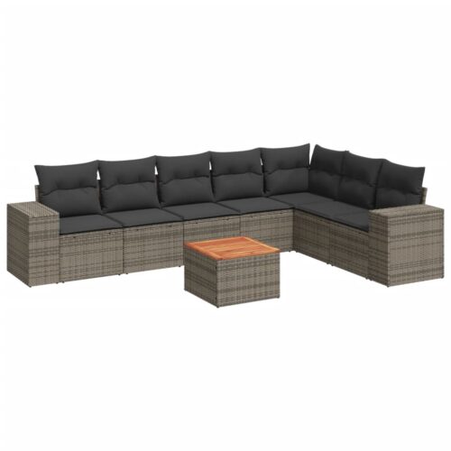 8-Piece Garden Sofa Set with Cushions Grey Poly Rattan Wicker Outdoor Patio Furniture