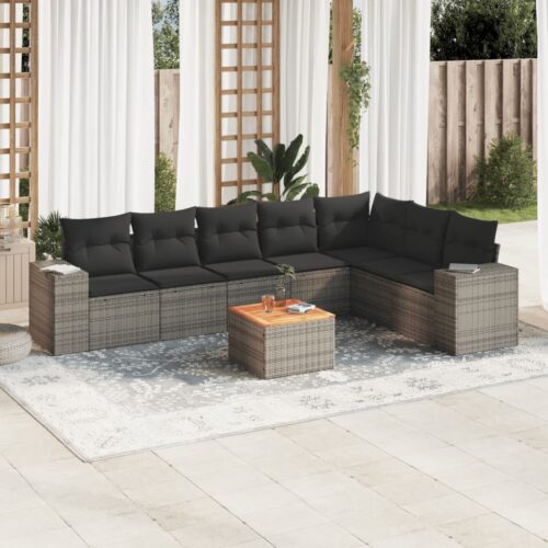 8-Piece Garden Sofa Set with Cushions Grey Poly Rattan Wicker Outdoor Patio Furniture - Image 2