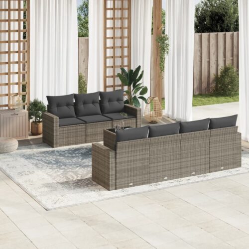 8-Piece Garden Sofa Set with Cushions Grey Poly Rattan Wicker Outdoor Patio Furniture - Image 2