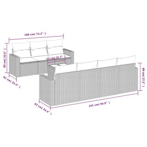 8-Piece Garden Sofa Set with Cushions Grey Poly Rattan Wicker Outdoor Patio Furniture - Image 3