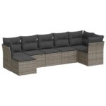 7-Piece Garden Sofa Set with Cushions Grey Poly Rattan Wicker Outdoor Patio Furniture