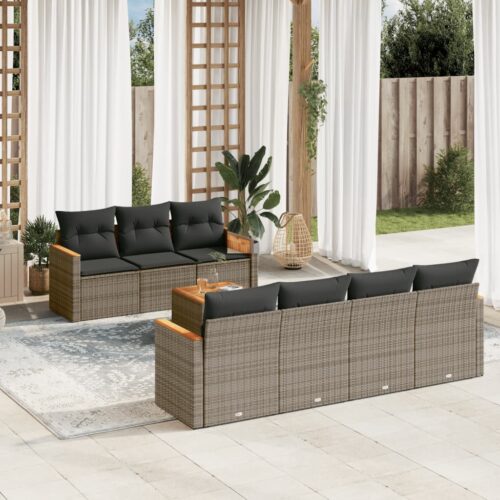 8-Piece Garden Sofa Set with Cushions Grey Poly Rattan Wicker Outdoor Patio Furniture - Image 2