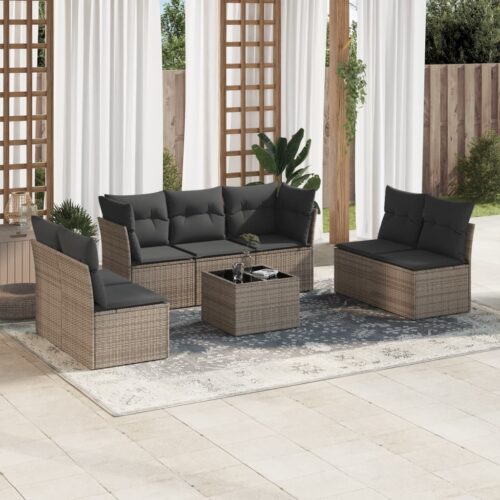 8-Piece Garden Sofa Set with Cushions Grey Poly Rattan Wicker Outdoor Patio Furniture - Image 2