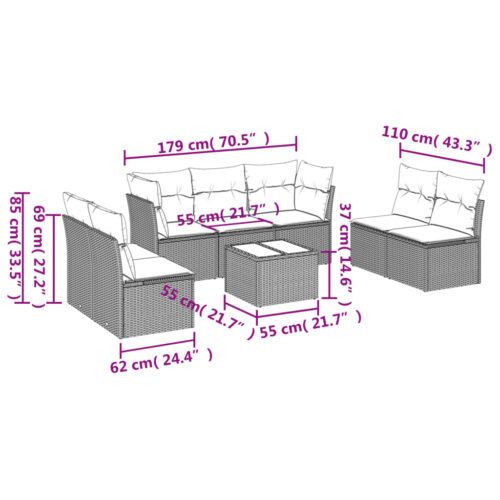 8-Piece Garden Sofa Set with Cushions Grey Poly Rattan Wicker Outdoor Patio Furniture - Image 3