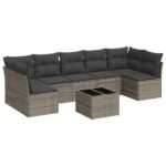 8-Piece Garden Sofa Set with Cushions Grey Poly Rattan Wicker Outdoor Patio Furniture