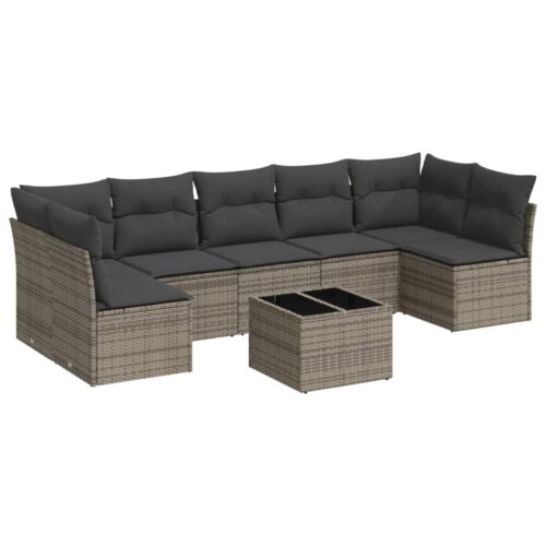 8-Piece Garden Sofa Set with Cushions Grey Poly Rattan Wicker Outdoor Patio Furniture