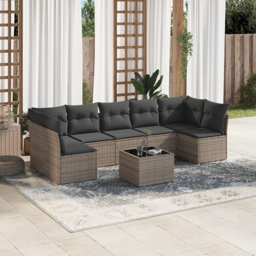 8-Piece Garden Sofa Set with Cushions Grey Poly Rattan Wicker Outdoor Patio Furniture - Image 2