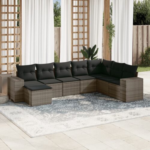 8-Piece Garden Sofa Set with Cushions Grey Poly Rattan Wicker Outdoor Patio Furniture - Image 2