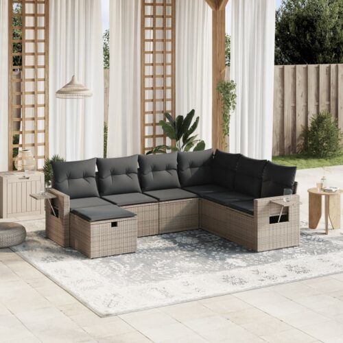 7-Piece Garden Sofa Set with Cushions Grey Poly Rattan Wicker Outdoor Patio Furniture - Image 2