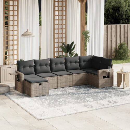 7-Piece Garden Sofa Set with Cushions Grey Poly Rattan Wicker Outdoor Patio Furniture - Image 2