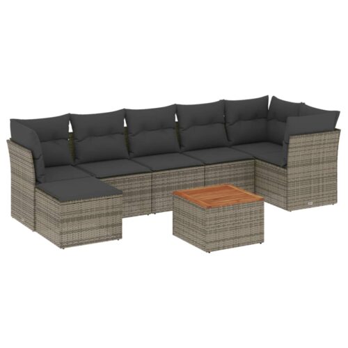 8-Piece Garden Sofa Set with Cushions Grey Poly Rattan Wicker Outdoor Patio Furniture