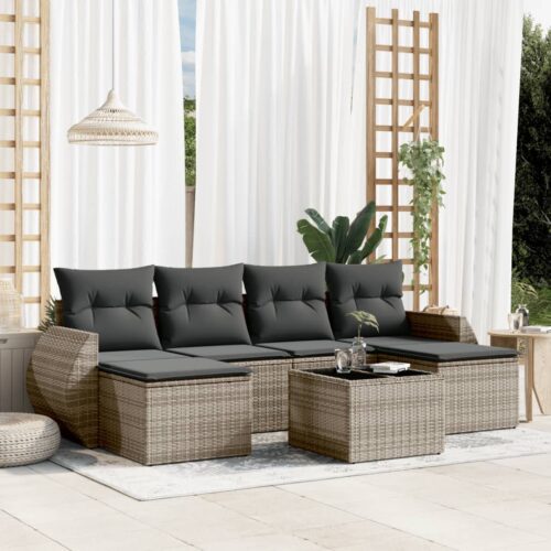 7-Piece Garden Sofa Set with Cushions Grey Poly Rattan Wicker Outdoor Patio Furniture - Image 2