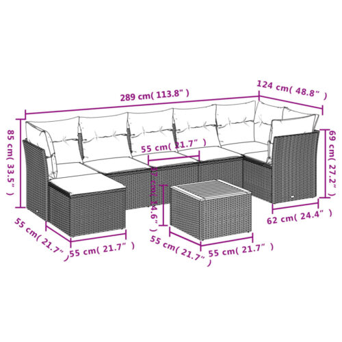 8-Piece Garden Sofa Set with Cushions Grey Poly Rattan Wicker Outdoor Patio Furniture - Image 11