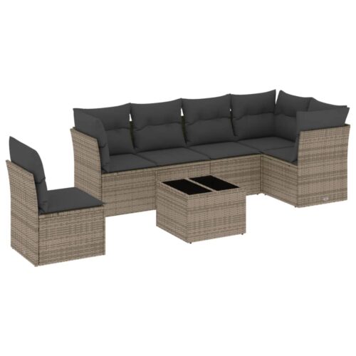 7-Piece Garden Sofa Set with Cushions Grey Poly Rattan Wicker Outdoor Patio Furniture