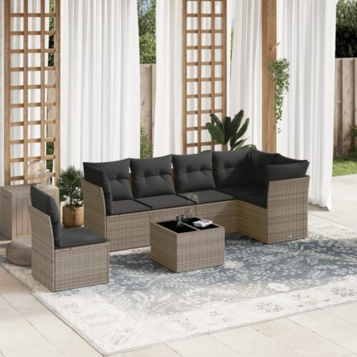 7-Piece Garden Sofa Set with Cushions Grey Poly Rattan Wicker Outdoor Patio Furniture - Image 2