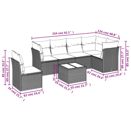 7-Piece Garden Sofa Set with Cushions Grey Poly Rattan Wicker Outdoor Patio Furniture - Image 6