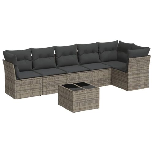 7-Piece Garden Sofa Set with Cushions Grey Poly Rattan Wicker Outdoor Patio Furniture