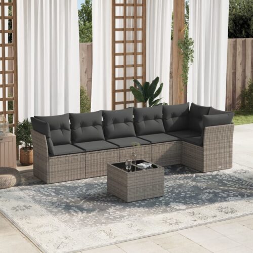 7-Piece Garden Sofa Set with Cushions Grey Poly Rattan Wicker Outdoor Patio Furniture - Image 2