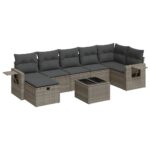 8-Piece Garden Sofa Set with Cushions Grey Poly Rattan Wicker Outdoor Patio Furniture