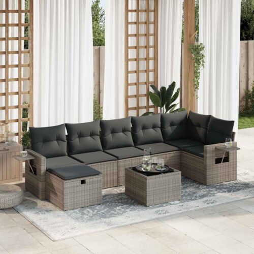 8-Piece Garden Sofa Set with Cushions Grey Poly Rattan Wicker Outdoor Patio Furniture - Image 2
