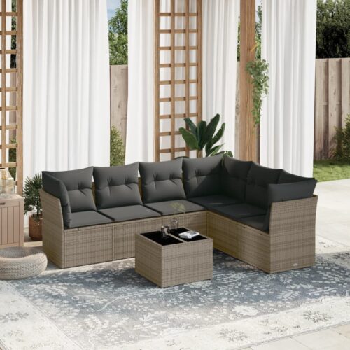 7-Piece Garden Sofa Set with Cushions Grey Poly Rattan Wicker Outdoor Patio Furniture - Image 2