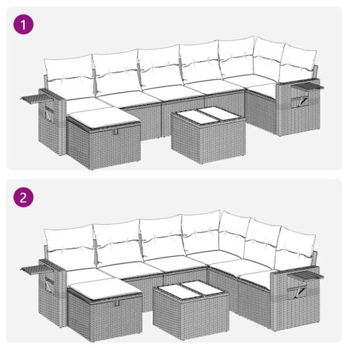 8-Piece Garden Sofa Set with Cushions Grey Poly Rattan Wicker Outdoor Patio Furniture - Image 12